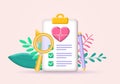 Medical checkup. 3d health check up. Check list on clipboard with heart icon. Healthcare, cardiovascular diagnostic concept. Royalty Free Stock Photo